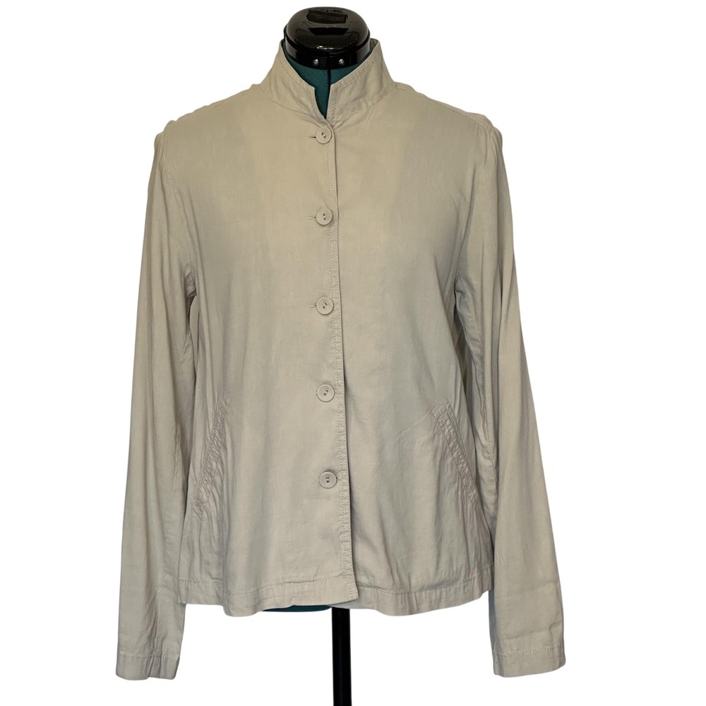 Eileen Fisher Linen Blend Button Up‎ Jacket XS Beige Mandarin Collar Minimalist